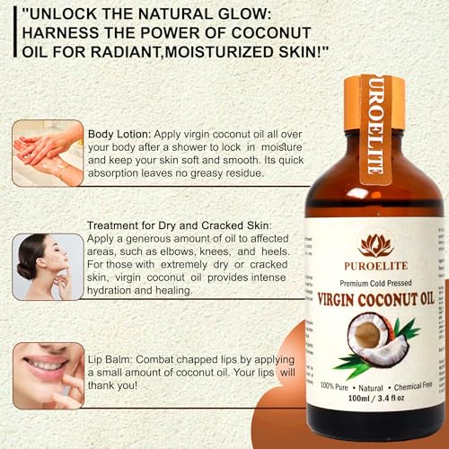 Image of Premium Cold Pressed Virgin Coconut Oil,100% Pure & Natural for Face, Hair & body Glass bottle with dropper 100 ml