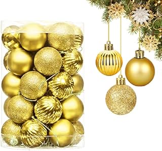 Gold Christmas Tree Bauble, 34 PCS Gold Baubles Christmas Tree Ball Decorations Xmas Shatterproof Ornaments Baubles Assorted Pendant with Hanging Loop for Holiday and Party Deocration