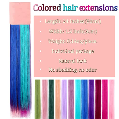 Colored Hair Extensions 24 Inch Rainbow Hair Synthetic Straight Hair Extensions For Women Girls Kids Gift Multi-Colors Party Clip In Synthetic Hairpiece #TOP2