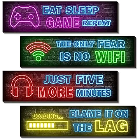4 Pcs Printed Neon Gaming Posters, Teen Boys Room Decorations, gamer wall art Decor for bedroom Wooden Cover