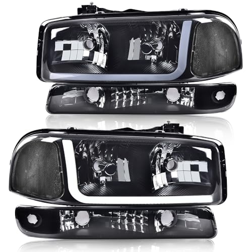 G-PLUS LED Headlights Assembly Compatible with 1999-2007 GMC Sierra 1500HD 2500HD 3500/Fit 1999-2006 GMC Yukon XL 1500 2500,DRL Headlamps Pair Smoky Lens Black Housing Clear Reflector,faros delanteros