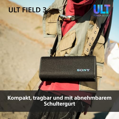 Sony ULT Field 3 - Tragbarer Bluetooth-Lautsprecher mit ULT Power Sound, 24-Stunden-Akku, IP67, wasserdicht, staubdicht, stoßfest, Abnehmbarer Schulterriemen, kompakt - Schwarz