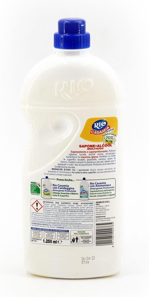 9x Rio Casa Mia - Igiene Sapone e Alcool Multiuso Agrumi di Sicilia - Detergente per Pavimenti e Superfici 1250ml + Portachiavi Beni Culinari in Omaggio