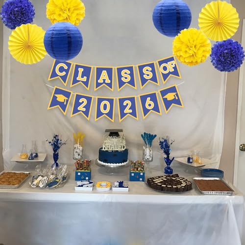 Image of Blue Yellow Graduation Party Decoration Class Banner Hanging Pom Poms Flowers High School College Grad Supplies