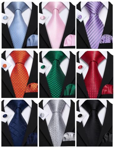 Image of Barry.Wang 6 PCS Men Ties Set Silk Business Fashion Woven Necktie Handkerchief Cufflinks Paisley Stripe Wedding Party