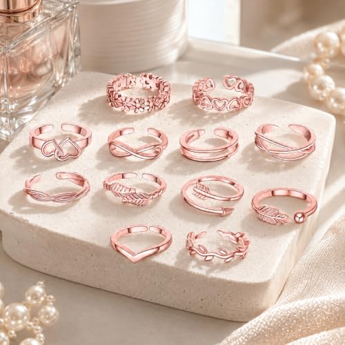 Image of 12PCS Toe Rings for Women 14K Gold /Silver Plated Adjustable Toe Ring Set Open Heart Arrow Infinity Rings Beach Foot Jewelry for Summer