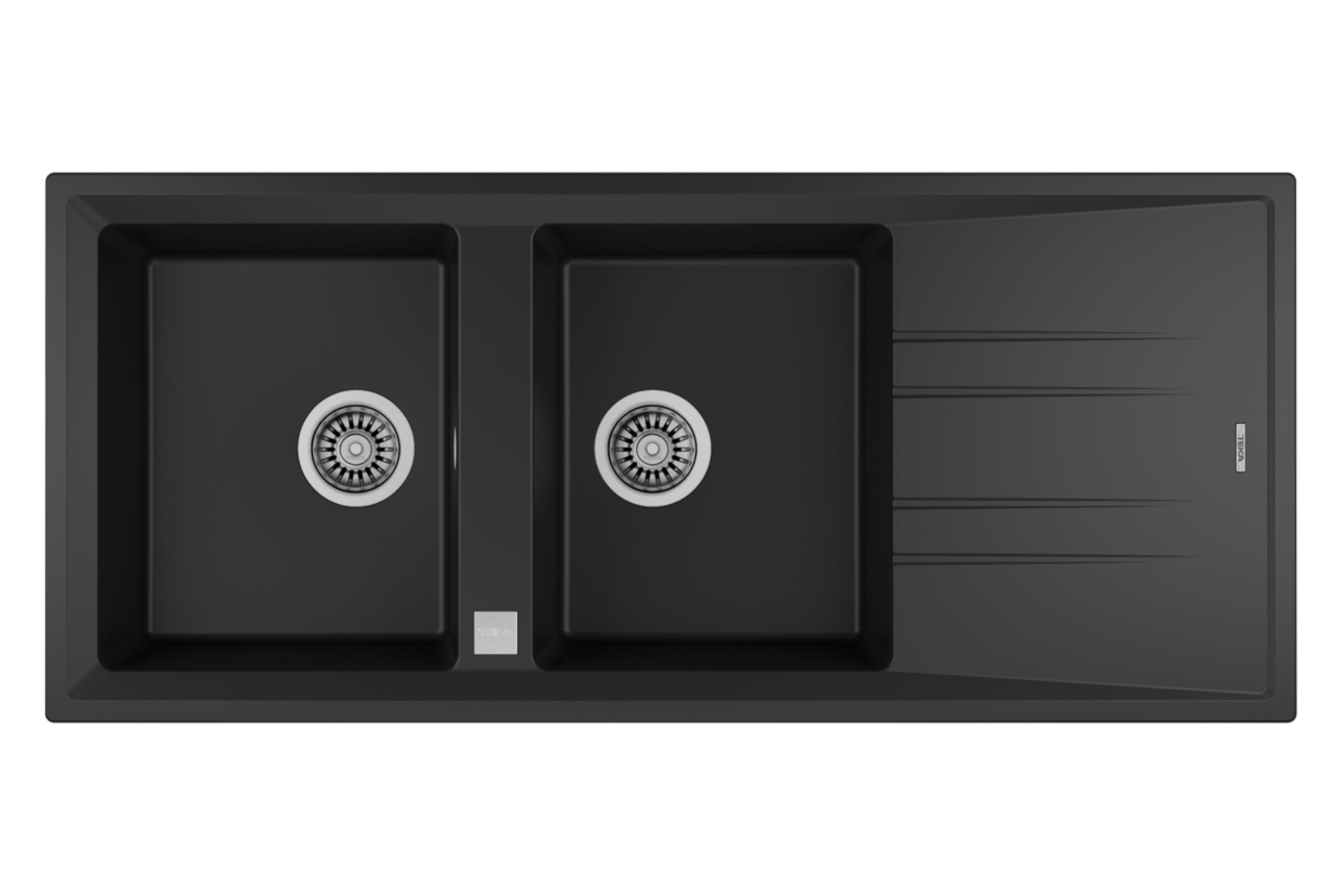 Tegranite+ Sink with Two Bowls and One Drainer, Inset Installation, 3½” Automatic Basket Waste with Siphon, 200 mm Deep Bowls STONE 80 B-TG 2B 1D Carbon