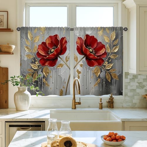 Rideaux de cuisine modernes et élégants - Motif coquelicot - Sans gouttes - Rouge - 71 x 99 cm