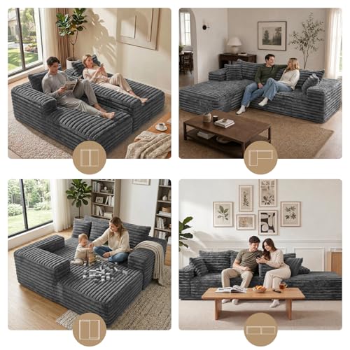 Image of 2 inch Corduroy Boneless Couches for Living Room, L Shape Sofa with Chaise | 102.4 inch Modular Sectional Sofa, Cloud Couch Sectional with Deep Seat, No Assembly, Grey, Left Chaise