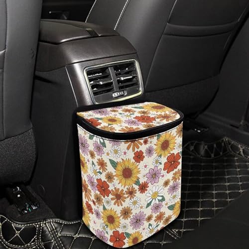 Image of Cottage Daisy Flower Car Trash Can Mini Auto Garbage Bin with Lid Lightweight Hanging Car Rubbish Bags for Back Front Seat