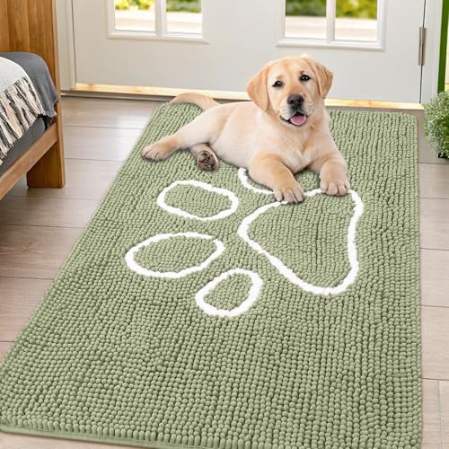 Image of Smiry Dog Door Mat for Muddy Paws, Absorbent Dirt Trapper Non Slip Quick Dry Washable Chenille Mat for Mud Dogs, Entry Rug for Indoor and Outdoor (47x32 Inches, Sage Green and White)