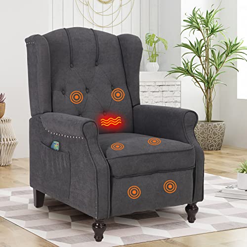 Oqqoee Wingback Recliner Chair With Massage & Heat Vibration, Fabric Push Back Accent Chairs Diamond Tufted Reclining Armchair For Living Room, Bedroom (Fabric, Dark Grey) #TOP9