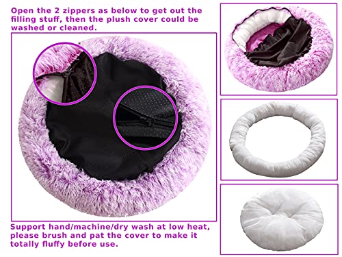 Comlax Beruhigende Donut Hundebetten XL, Rundes Kissen mit abnehmbarem waschbarem Bezug, Anti-Angst-Kunstfell-Kuscheltier, Flauschiges, bequemes, pelziges Haustierbett (80cm, Lila)
