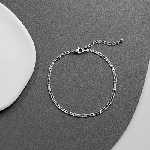 Tasiso Ankle Bracelets For Women Silver Layered Beaded Anklets Dainty Double Chain Anklet Bracelet Summer Beach Foot Chain Jewelry Gifts 8.3" #TOP5