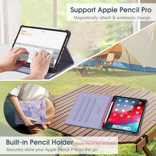 Image of Fintie Folio Case for iPad Pro 11-inch (M5) 2025 / (M4) 2024 - Multiple Angles Viewing Stand Protective Cover with Pencil Holder & Pocket, Auto Wake /Sleep, Lilac Marble