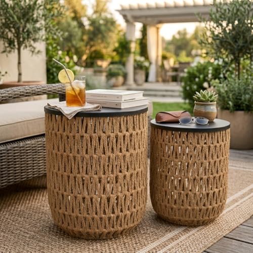 HMVPL Outdoor Side Tables for Patio, 2-Pack Round End Table with Woven Rattan Basket, 2-Size Patio Side Table Nesting Table for Outside,Boho Small Accent Bistro Table for Backyard Balcony Gazebo Party