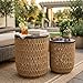 HMVPL Outdoor Side Tables for Patio, 2-Pack Round End Table with Woven Rattan Basket, 2-Size Patio Side Table Nesting Table for Outside,Boho Small Accent Bistro Table for Backyard Balcony Gazebo Party