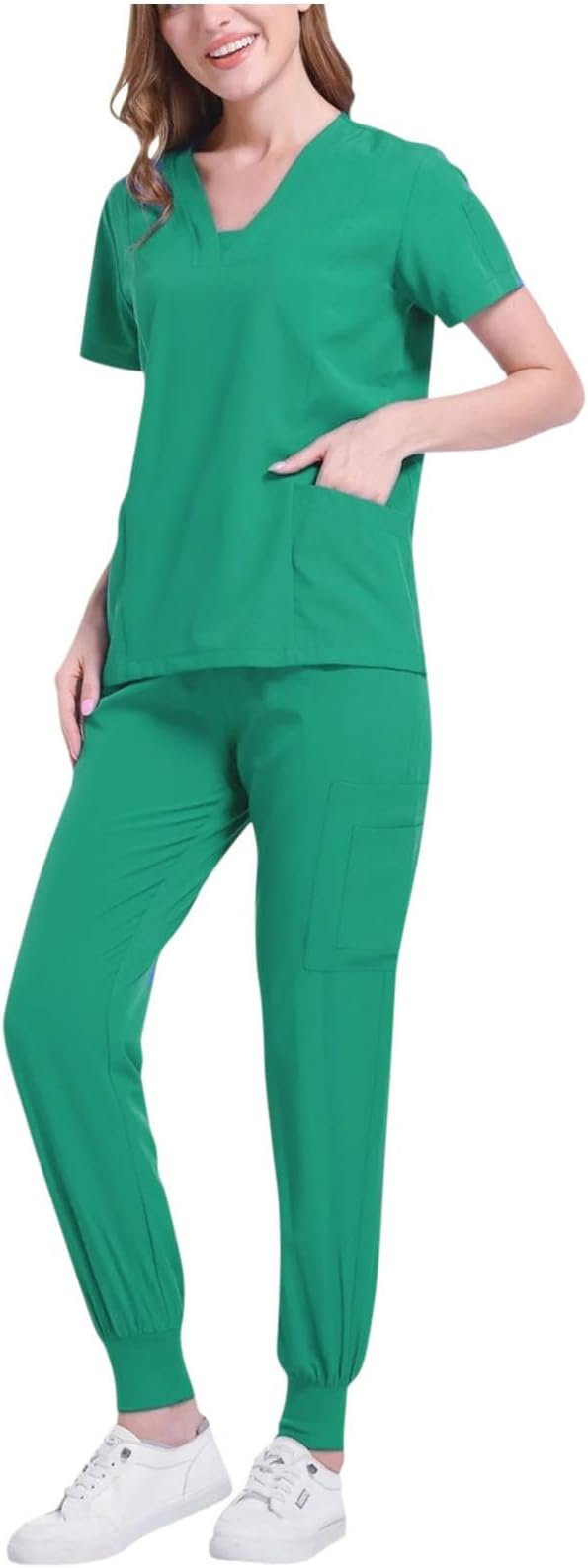 Nurses Uniform Set for Women Solid Color V-Neck Short Sleeve Pullover Tops with Pockets and High Elastic Waisted Cuffed Bottoms Lightweight Comfortable Work Wear
