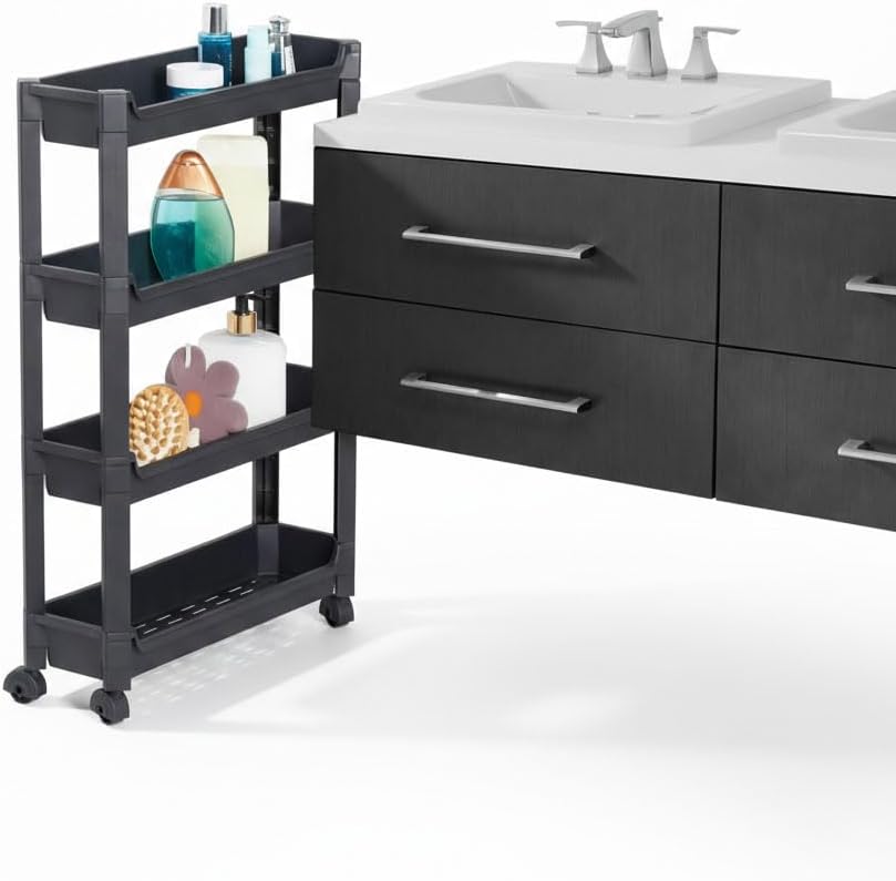 Deconox 4 Katlı Slim Tekerlekli Düzenleyici Raf - 14.5 cm Ultra İnce Tasarım Mutfak, Banyo ve Tezgah Altı Organizer - Dar Alanlar İçin Servis Arabası (46.5x14.5x67 cm) - Görsel 5