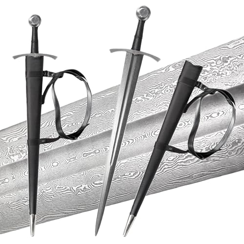 Sauvagine-Hand Forged Patterned Steel Longsword - Full Tang Medieval Battle Sword with Leather Sheath for LARP, Display & Collection