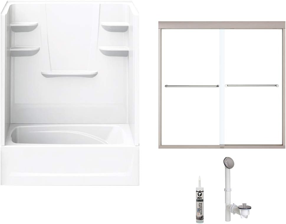 A2 6036CTSL-134561-WN Bath/Shower Kit with Door, 60-in L x 36-in W x 79-in H, White/Brushed Nickel