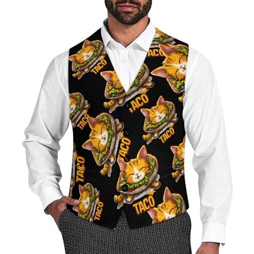 Taco Cat Men's Suit Vests Business Formal Dress V-Neck Waistcoat Tops with 2 Pockets