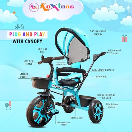 Image of Tricycle for Kids with Canopy and Comfort Seat - The Parents Choice for 1-5 Years Old, 30kg Max, Luxurious & Durable Trike. Advanced Parental Control Handle and Safety Belt, Blue