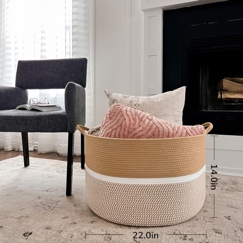 CHICVITA XXL Extra Large Cotton Rope Woven Basket, Throw Blanket Storage Basket with Handles, Decorative Clothes Hamper - 22" x 22" x 14", White