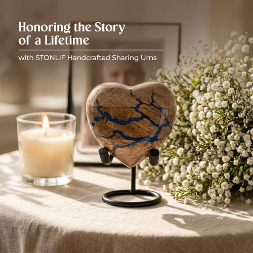 Image of Heart Shaped Wooden Cremation Urns for Human Ashes - 3 Cubic Inches Funeral Memorial Urn for Women & Men - Blue Decorative Keepsake Burial Urn for Male or Female Memorial Display