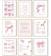 9Pcs Coquette Pink Bow Wall Art Inspirational Bible Verses Canvas Wall Decor Jesus Christian Post...