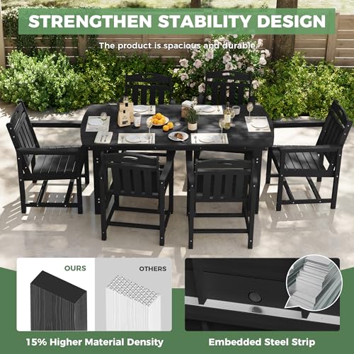 Image of HDPE Outdoor Dining Set, Patio Table and Chairs Set, All-Weather 7-Piece Outside Table and 6 Chairs, 2 inch Umbrella Hole, Outdoor Furniture for Garden, Poolside, Backyard, Deck | Black