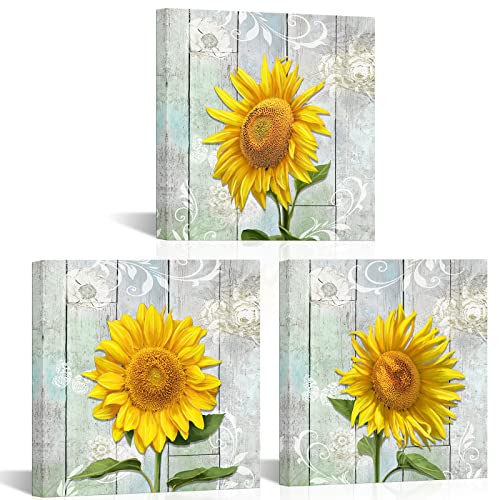 Tiuauit Sunflower Kitchen Decor Canvas Art Yellow Flower Picture Rustic Artwork Floral Prints Stretched And Framed Ready To Hang For Home Decoration 12"X12"X3Pcs #TOP7