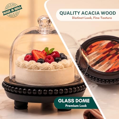 Image of Handcrafted Sweet Spot Acacia Wood Cake Stand with Glass Dome, 7.5x7.5x7.75 Inch Black Serving Platter for Cakes, Pastries & Cupcakes, Food Safe Decorative Cake Plate