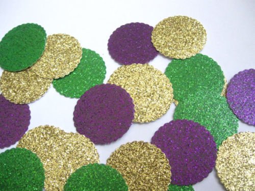 Designs by DH Confetti 100 Pieces Paper Scalloped Circles Mardi Gras Glitter Gold Purple Green Birthday Wedding Party Decor