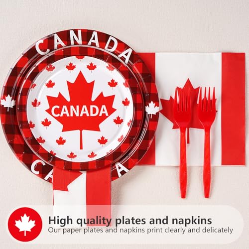 Image of Grencian 96Pcs Canadian Flag Party Supplies Canada Day Party Plates and Napkins Red White Maple Leaves Tableware Sets Canada Birthay Decorations Favors for Anniversary Family Gathering Serves 24