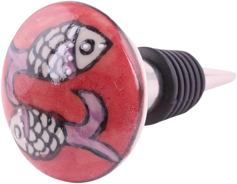 Indian Shelf Wine Stopper | Rubber Ceramic Wine Corks | Peach Fish Flat Wine Caps for Bottles [Multicolor, 1 Pack]