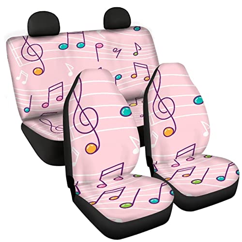 Image of Modysero Music Print Pink Car Seat Cover Full Set Soft Durable Elastic All Season Car Seat Protector Cute Automotive Interior Accessories for Women Universal Fit All Cars Truck