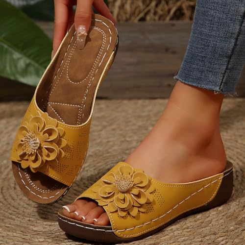 Chaussures compensées bout ouvert cuir jaune 43 sandales confort - 5