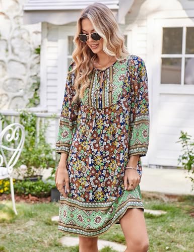 Image of Bluetime Women Casual Summer Dress Boho V Neck 3 /4 Sleeve Babydoll Floral Print Flowy Beach Dress