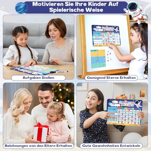 Magnetische Belohnungstafel Kinder, Magnettafel mit 52 Aufgaben Magnete und 120 Sternmagneten, Aufgabentafel Wochenplaner Belohnungssystem für Routine Verhalten Töpfchentraining (Weltraumplanet)