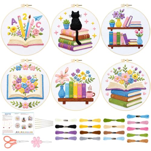 Image of BEUNITONE 6 Set Embroidery Kit for Beginner Adults, Books & Flowers Cross Stitch Set with Stamped Pattern Hoops Threads Cloth Needles, Embroidery Starter Kit for Gifting and Home Decoration