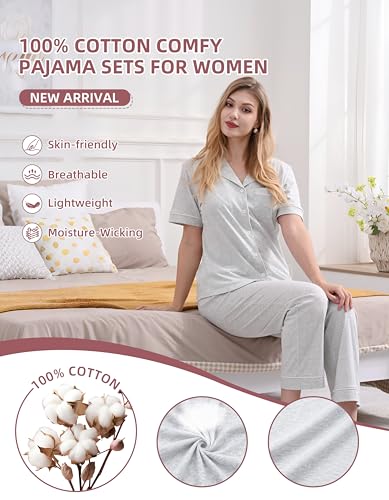 Image of NAP BOUND 100% Cotton Women's Pajama Sets Short Sleeve Button Down Soft Pjs 2 Piece Lounge Set with Pocket Nightwear XS-XXL