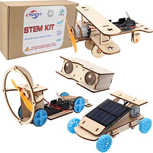 CYOEST DIY Wooden Science Experiment Model Kit Solar Power Car,Electric Motor Biplane Glider,Toy Binoculars and Wind Power Car,STEM Educational Building Project for Kids Boys & Girls,4 in 1 Set