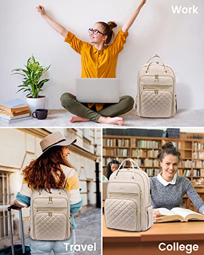 LOVEVOOK Laptop Backpack for Women, 15.6 Inch Computer Backpack for Teacher Nurse with Water Resistant, Lightweight Travel Work Backpack with USB Charging Port, Quilted Commuter Backpack purse, Beige - Image 3