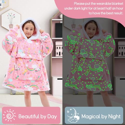 yescool Wearable Blanket Hoodie Kids Glow in the Dark, Oversized Blanket Sweatshirt with Sherpa Teen Girl Gifts for Kids,Girls, 8-15 Year Old Girl Boy Gift Warm Wearable Blankets, One Size, Rainbow