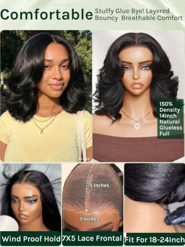 Image of KLAIYI Layered Blowout Bob Wavy Pre Cut 7x5 Lace Front Wigs Human Hair 14 inch