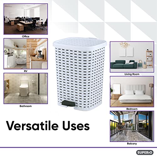 Image of Superio Small Outdoor Trash Can with Lid for Dog Poop 3 Gallon /12 L Mini Plastic Garbage Can with Foot Pedal for Bathroom, Bedroom, Office, Patio, Wicker Smoke