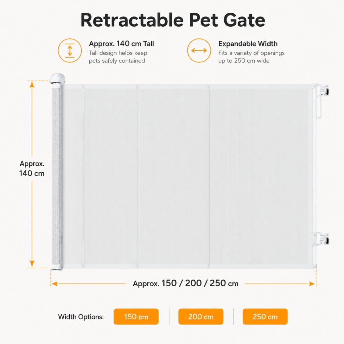 Cancello Retrattile per Animali Domestici, Rete in PVC con Blocco | Doppio Blocco per Controllare Estensione e Rientro, Rete Morbida per Limitare(250W x 140H cm(98.43"W x 55.12"H))