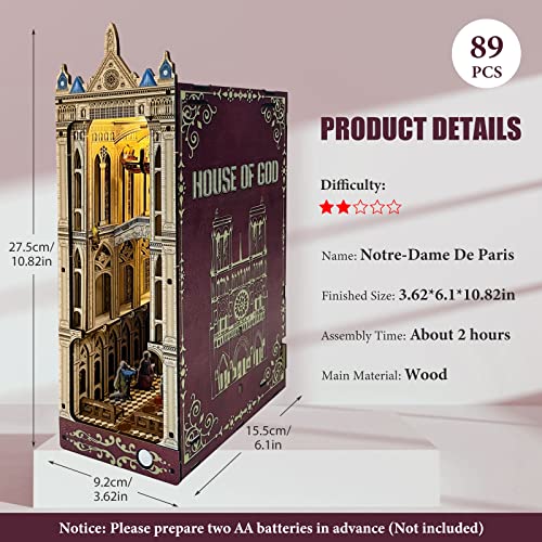 White Tiger Diy Book Nook Kit, 3D Wooden Puzzle Bookend Decorative Diy Miniature Dollhouse Kit, Decor Bookshelf Insert Booknook With Led Light For Adults&Teens (Notre-Dame De Paris) #TOP1