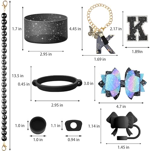 Hpebl 9PCS Black for Stanley Cup Accessories Set Bling Initials Bow Charms for Stanley Decorations 30/40 Oz Tumbler Accessories Including Bow Straw Topper, Handle Strap, Spill Stopper（Letter K） - image 3